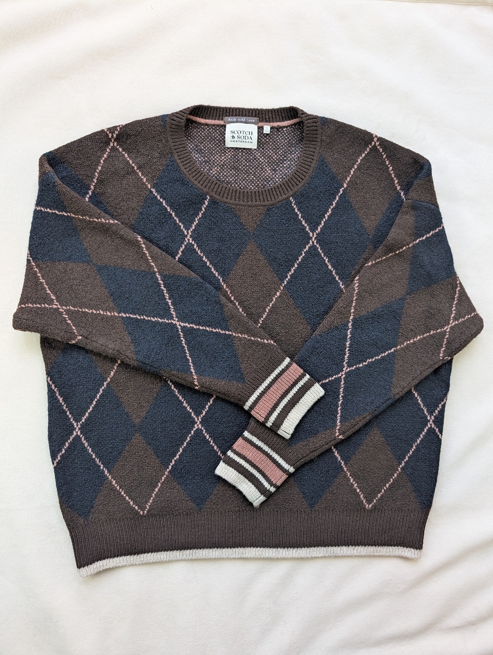Scotch & Soda Amsterdam Men’s Argyle Sweater Brown Blue Lightweight Knit XL
